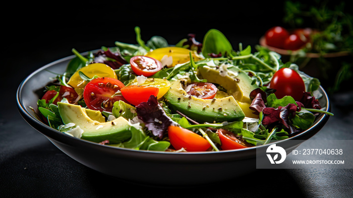 Colorful, healthy salad composed of mixed greens, cherry tomatoes, avocado slices, and a light vinaigrette dressing.