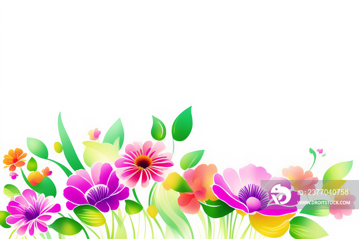 Spring background with colorful flowers, yellow flowers, and green leaves for Mother’s Day, copy space