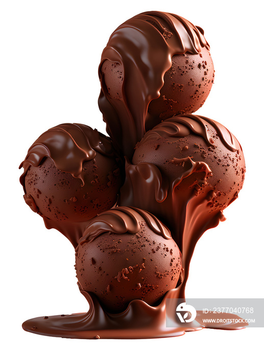 Chocolate Ice cream balls with tiramisu with dripping chocolate on transparent background PNG