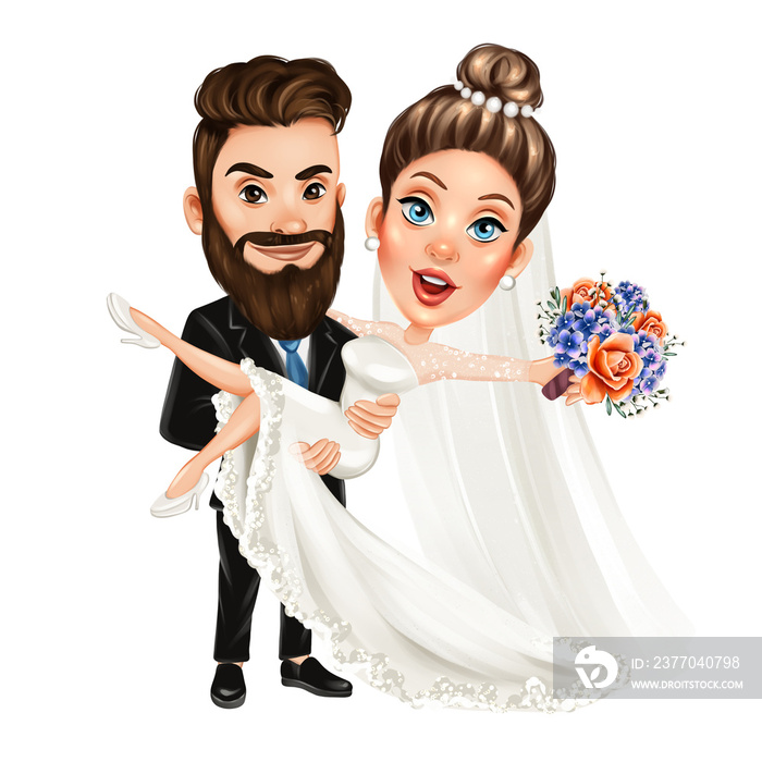 Wedding couple portrait. Hand drawn wedding illustration