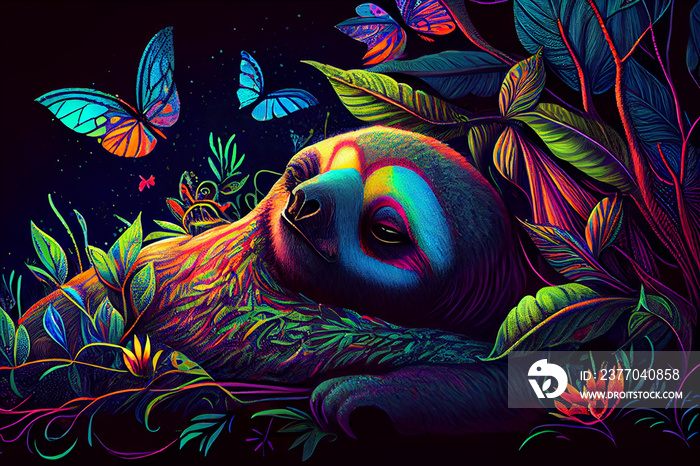 Sloth sleeping in forest with colorful birds and butterfly.