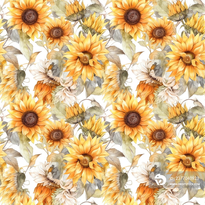 Sunflowers - Seamless Floral Print - Seamless Watercolor Pattern Flowers - perfect for wrappers, wallpapers, postcards, greeting cards, wedding invitations, romantic events.