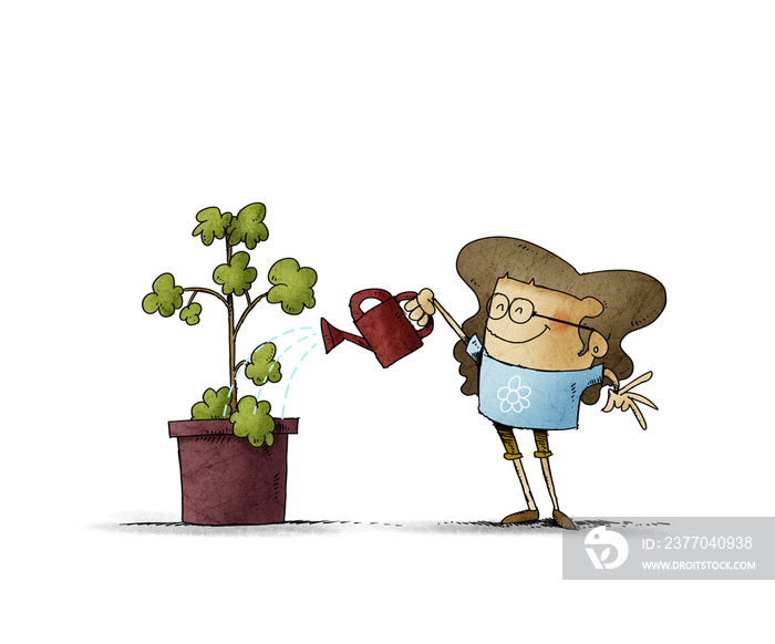 Girl with glasses is watering a plant with a watering can. isolated