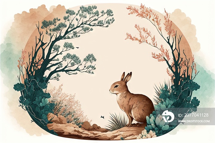 Fond de paysage naturel lapin et art avec vecteur de texture aquarelle. Branche avec feuilles et décoration de fleurs de fleurs de cerisier dans un style vintage.