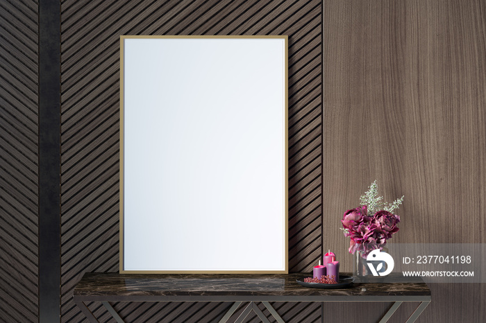 The dark interior of a room with lighted candles, burgundy flowers in a gold vase, a blank vertical poster in a metal frame on a dark marble console near the wood panels. Close up. Mockup. 3d render