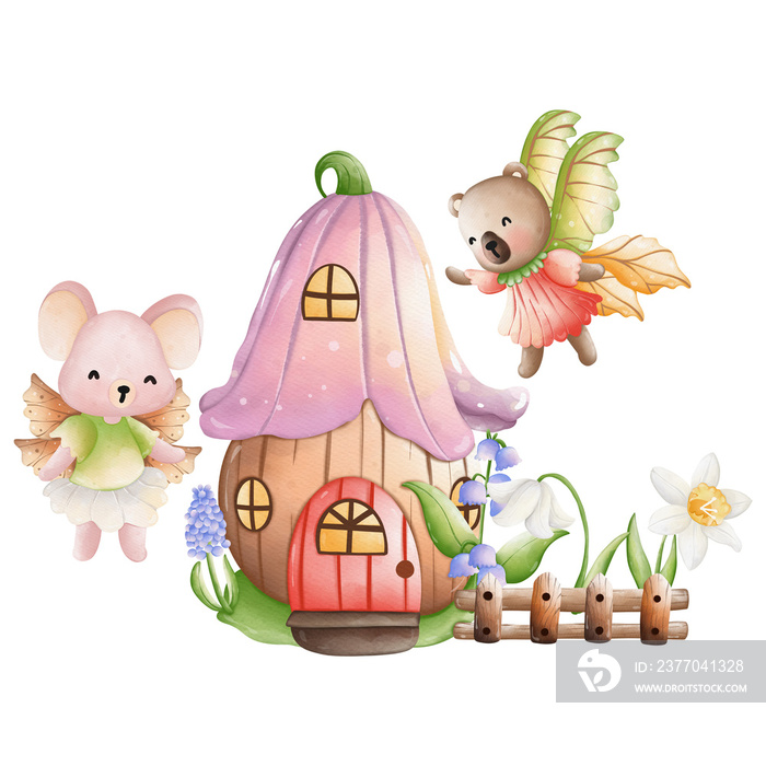 Cute Animal fairy and fairy house, Spring Season illustration Element