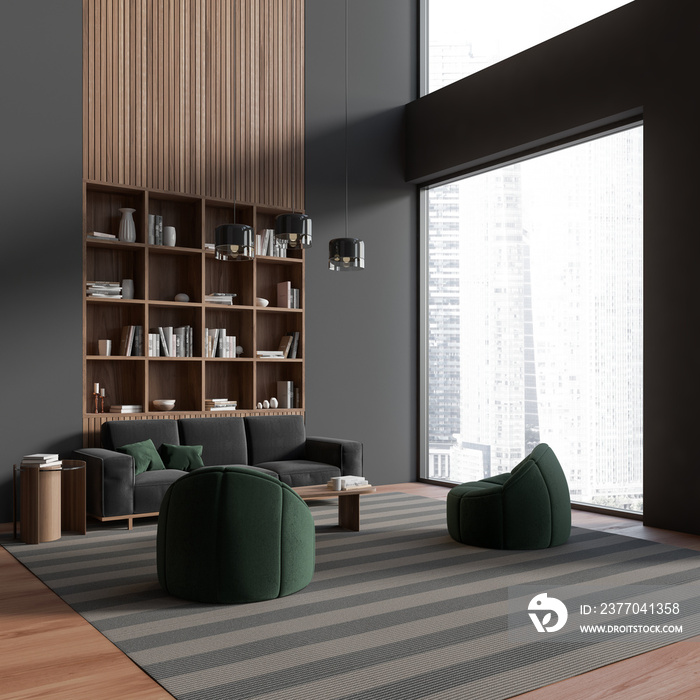 Corner view on dark living room interior with grey wall