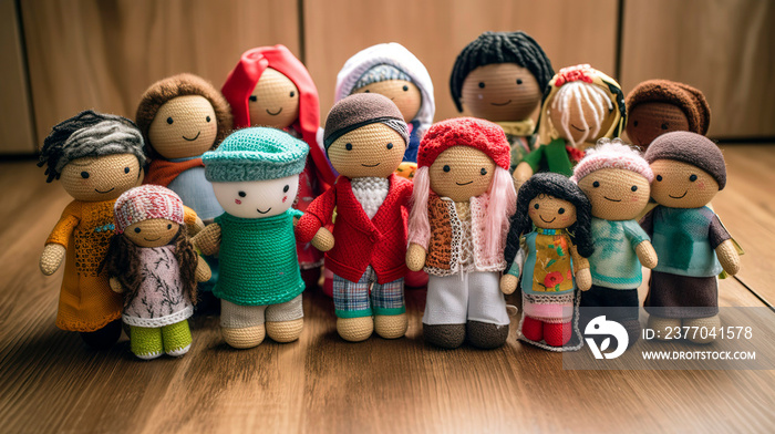 Collection of diverse and colorful handmade dolls representing family and diversity.