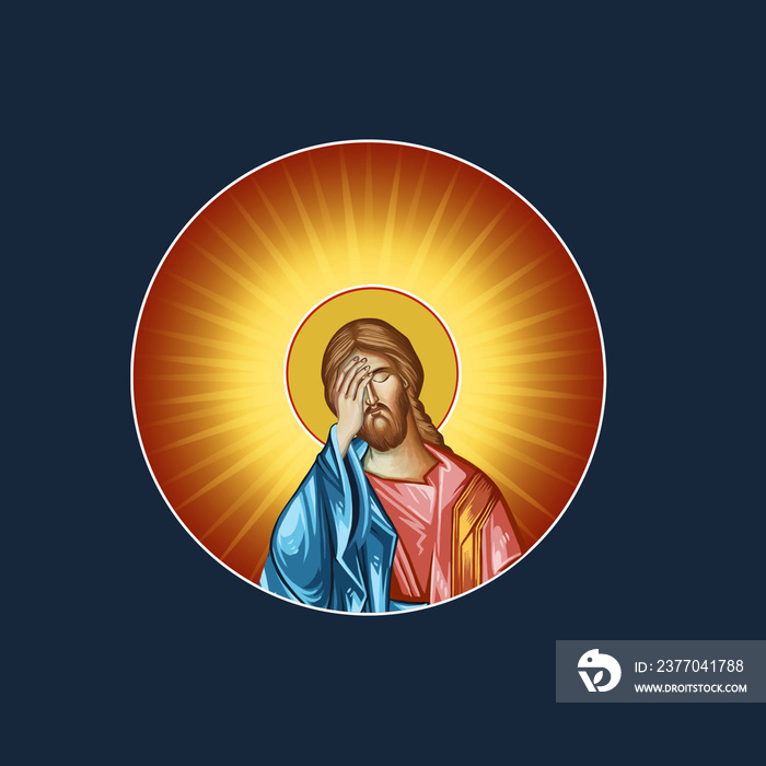 Jesus in round frame with rays of light with facepalm emoji. Religious element- illustration in byzantine style