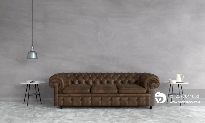 Brown sofa in living room, 3D rendering