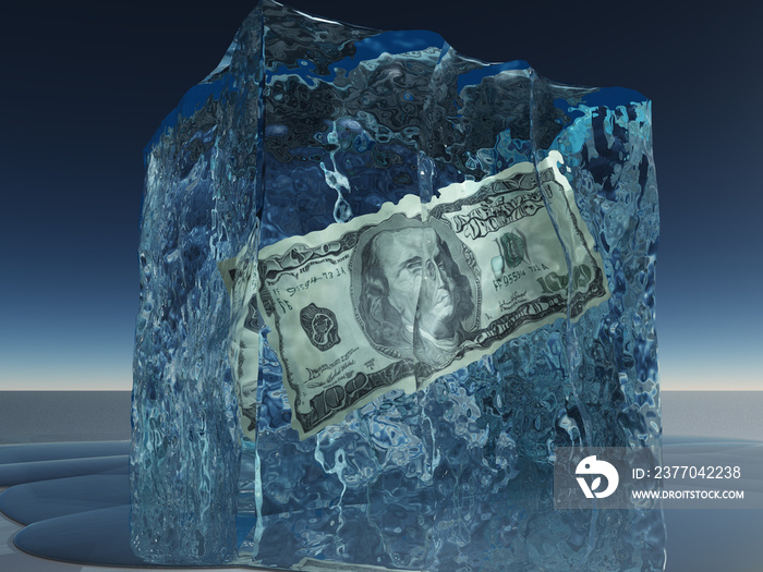 Dollar bill frozen in ice