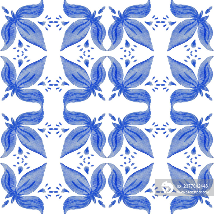 Watercolor blue damask seamless pattern isolated on transparent background. Tile with Baroque scrolls, leaves and Royal lily flowers