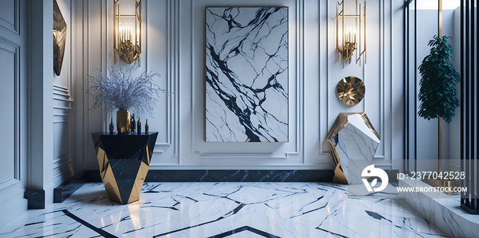 Photo of a luxurious interior with gleaming marble surfaces