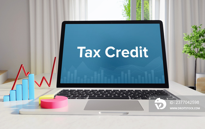 Tax Credit – Statistics/Business. Laptop in the office with term on the display. Finance/Economics.