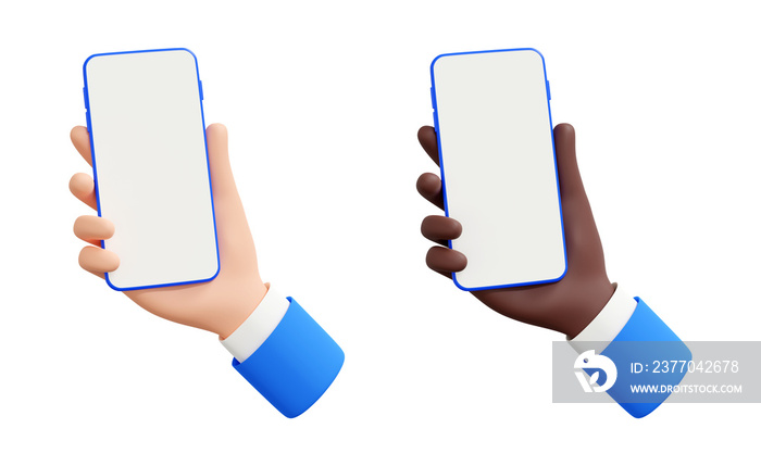 Hand holding mobile phone 3d render illustration set - human hand with telephone with empty screen.