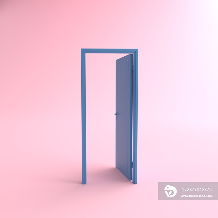 3D rendering of Blue open door with on pink background, The concept of new beginnings, discovering new things and challenges, Minimal conceptual, Opened door, Isolated on pink background.