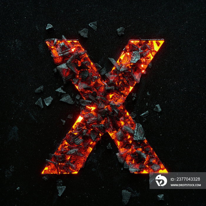 The burning capital letter X on a black background is made of hot coals.