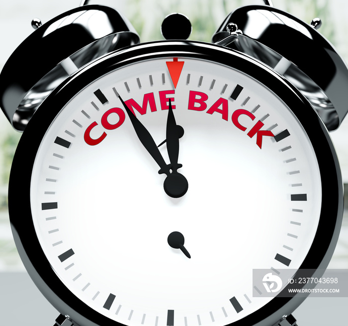 Come back soon, almost there, in short time - a clock symbolizes a reminder that Come back is near, will happen and finish quickly in a little while, 3d illustration