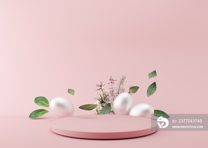 Podium with silver Easter eggs, green leaves and flowers on pink background. Modern podium for product, cosmetic presentation. Easter mock up. Pedestal or platform for beauty products. 3D rendering.