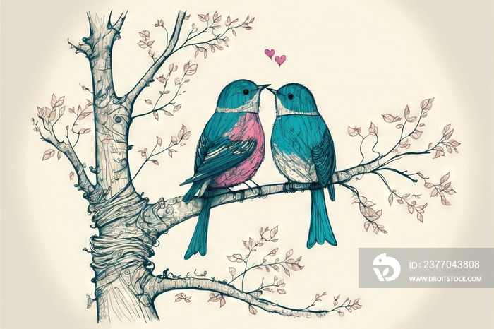 two birds sitting on a tree branch with a heart shaped branch in the background and a tree branch with two birds on it, one of which is kissing the other two are sitting on.