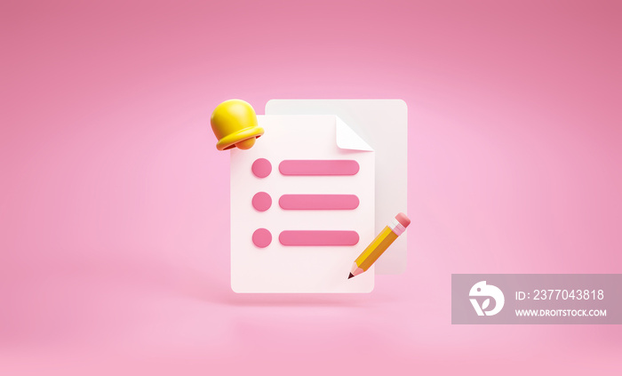 Reminder schedule checklist deadline icon and symbol planner concept on pink background 3D rendering