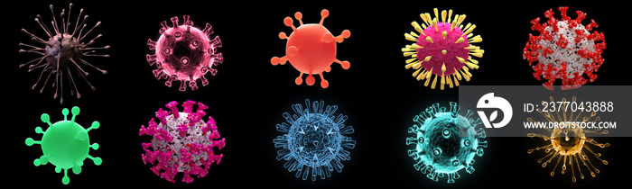 Set of microscopic virus cell of various color and shape isolated on black background. Covid-19 or coronavirus design elements for medical and biology, 3d rendering.