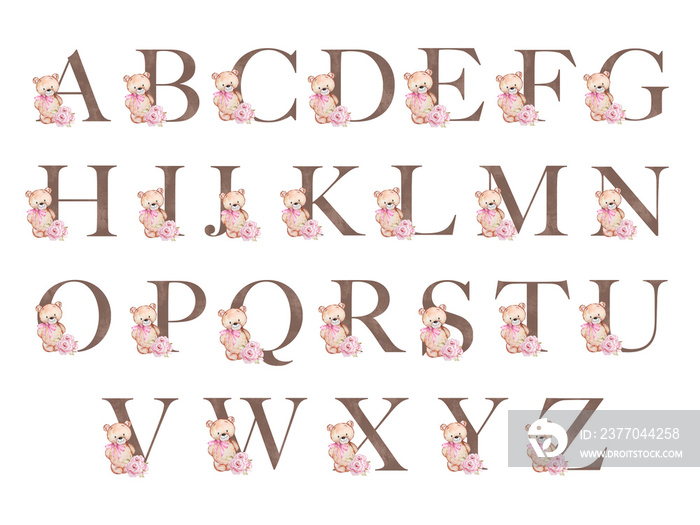 Alphabet with watercolor cute teddy bear