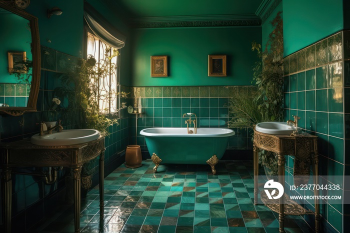 Retro vintage glamorous bathroom, green walls and tiles and golden furniture