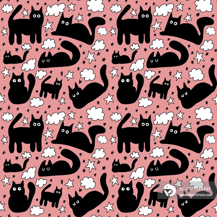 Pattern illustrazione di gatti neri e nuvole