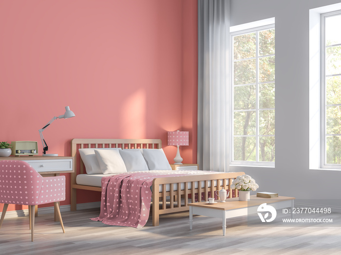 Coral pink bedroom with nature view 3d render.The Rooms have  wooden floors and Coral pink empty walls,Furnished with pink fabric furniture,There are large window sunlight shining into the room.