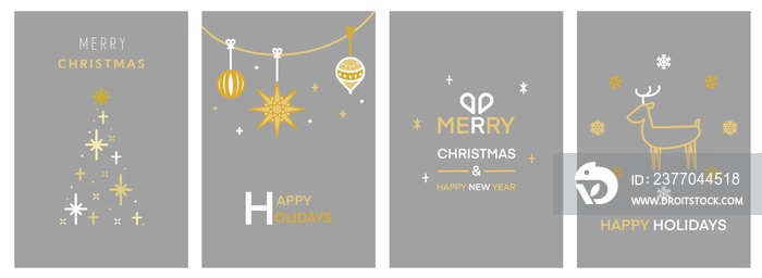 シンプルでモダンなクリスマスカードセット4種（グレー）　Merry Christmas modern card set elements greeting text lettering gray background