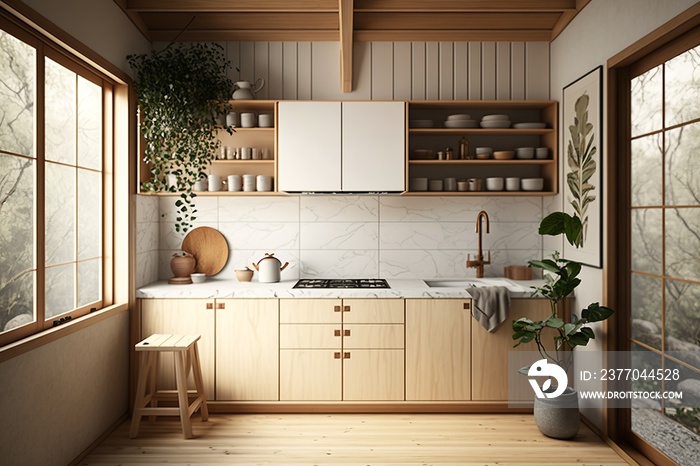 Japandi interior style kitchen with wooden cabinet