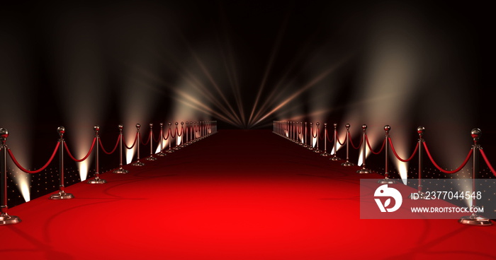 Long red carpet with spotlights against red background