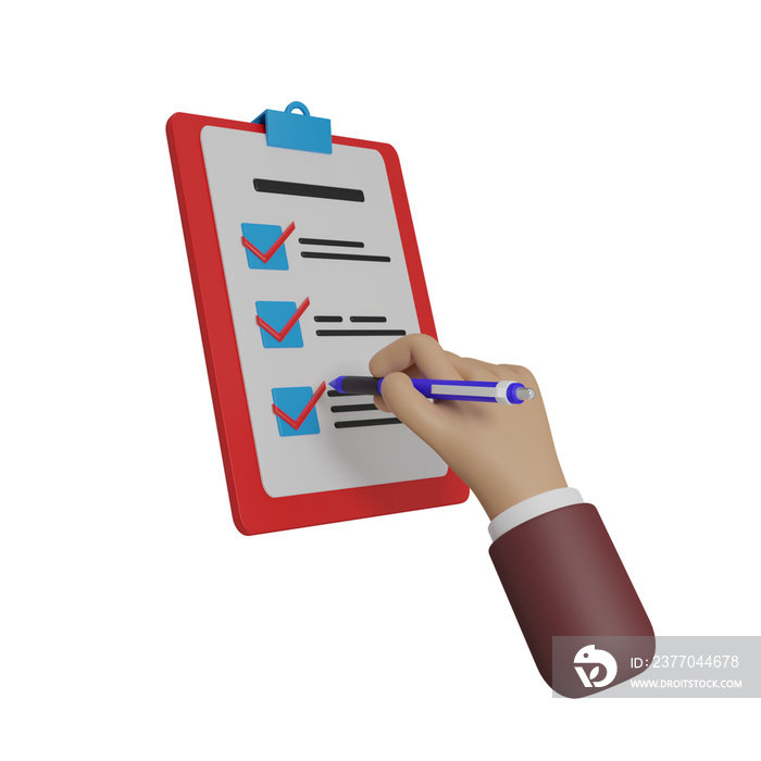 3d render hand holding ballpoint with checklist and markers, business illustration