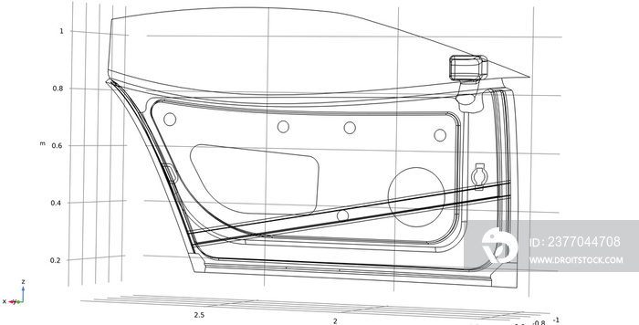 Computer modeling and investigation of the parameters of the car door model using a computer-aided design system. Design environment of engineering calculations. Calculation grid. 3d illustration.