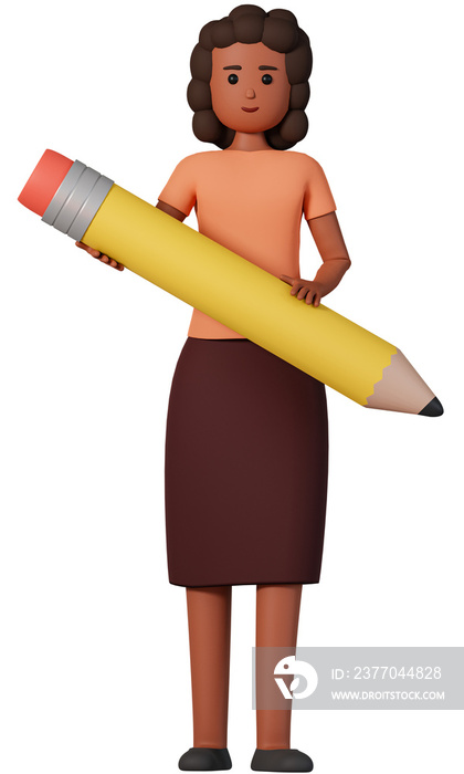 African american woman hold big pencil 3d illustration. 3d character of afro american girl holding on hand big pencil