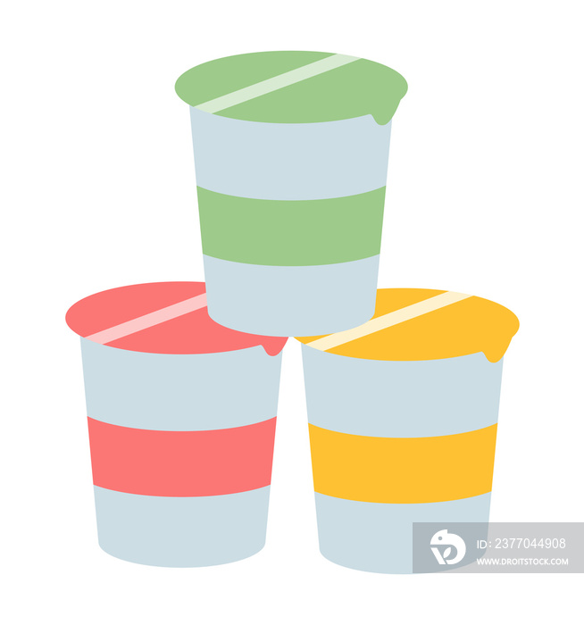 Yogurt with different flavors in colored plastic cups with lid. Dairy products. Illustration isolated design