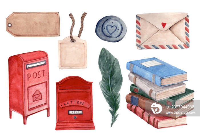 Watercolor set of postal supplies. Envelope, books, mailbox