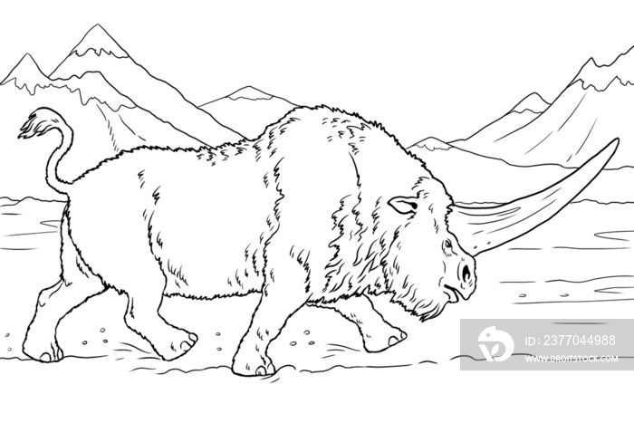 Prehistoric rhino elasmotherium. Drawing with extinct mammals. Silhouette drawing for coloring book.