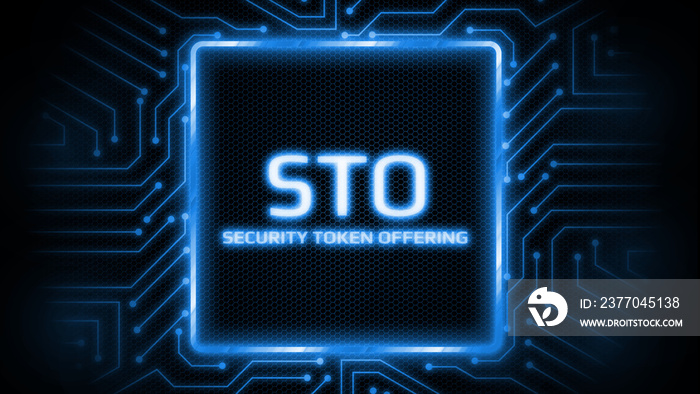 Security Token Offering (STO)  text written in glowing blue color on computer circuit board background. for crypto currency as an alternative to ICO. Token promotion or advertising