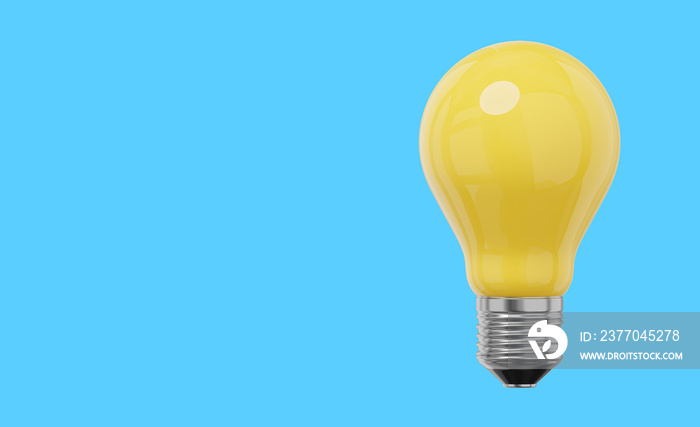 Realistic yellow light bulb. 3D rendering. Icon on blue background, text space.