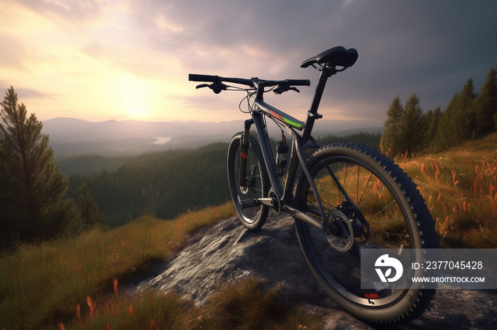 Professional mountainbike on top of mountain hill at sunset. Concept of cross country biking and extreme outdoor sports.