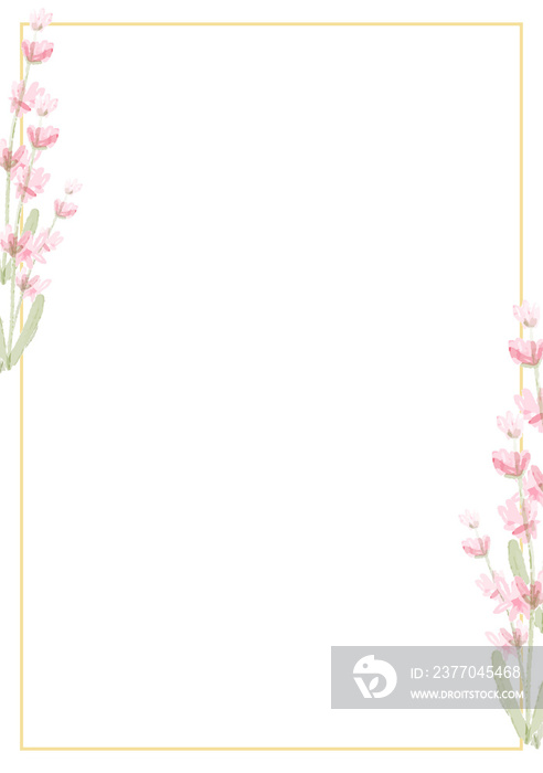 pink watercolor flower splash background with golden frame