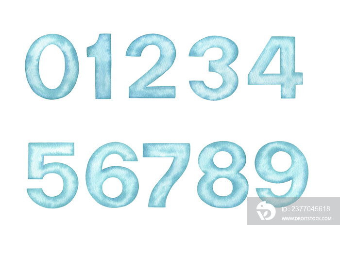 Hand painted watercolor blue numbers 0-9 isolated on a white background.