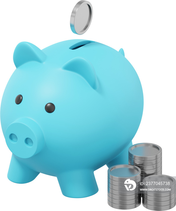 Blue piggy bank, dropping coins, stacks of money. PNG icon on transparent background. 3D rendering.