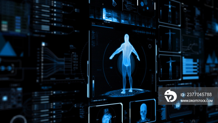 Blue abstract medical user interface. Futuristic health infographics and technology HUD elements. 3D rendering
