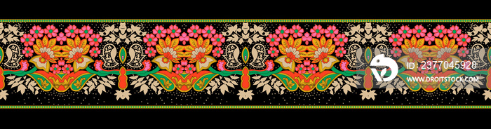 Seamless paisley flower border and motif design. Seamless paisley flower border design. seamless Paisley border pattern on black background.