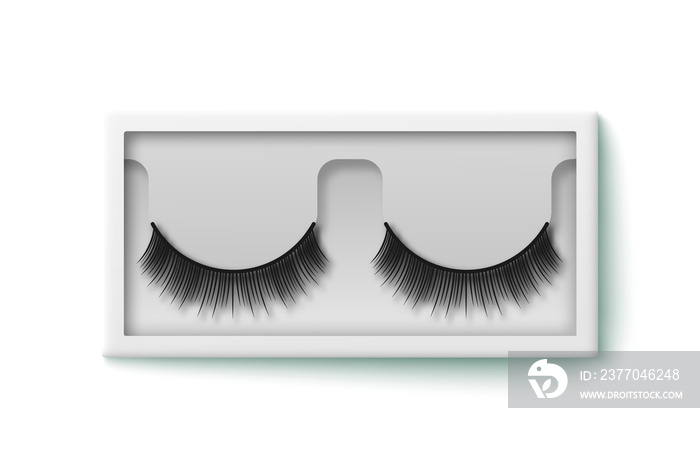 Feminine false lashes in plastic box template, realistic vector