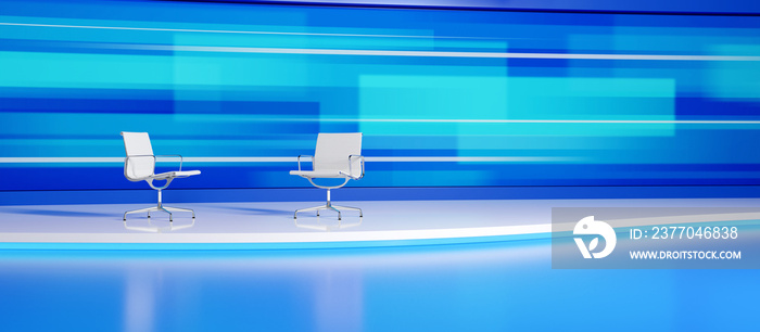 Two white, empty chairs in the modern tv studio with the wide screen. 3D render illustration.