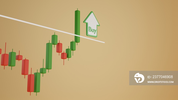 3d render candlestick chart, brakeout support  or resistance line, begin uptrand bullish or downtrand bearish in stock exchange markets crypto,forex,gold with buy sell button. Online investment.